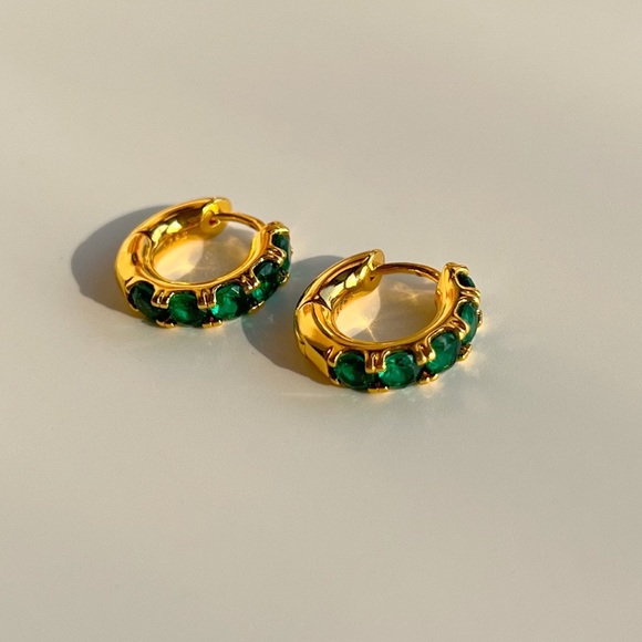 Emerald Huggie Hoop Earrings, Emerald Hoop Earrings, Green Gem Earrings - Picture 6 of 9